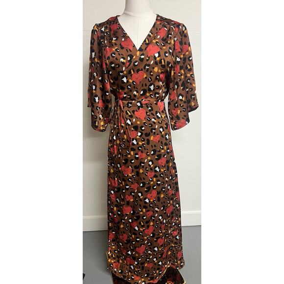 Liquorish Wrap Maxi Dress US 6 Brown Leopard Heart Print Kimono Sleeve Boho - Picture 1 of 7
